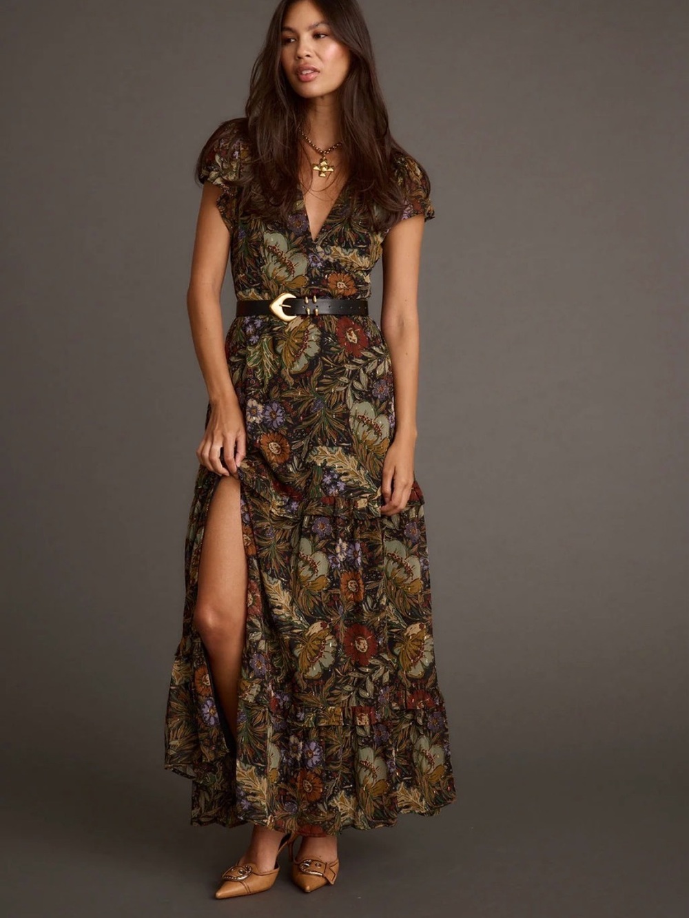 12th Tribe Black Dress with Floral & Gold Metallic accents